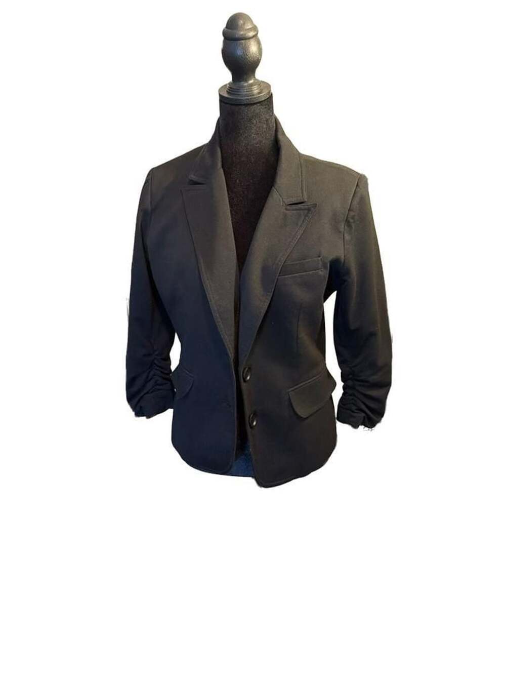 Gibson Black Notch Lapel Ruched 3/4 Sleeve Knit Blazer